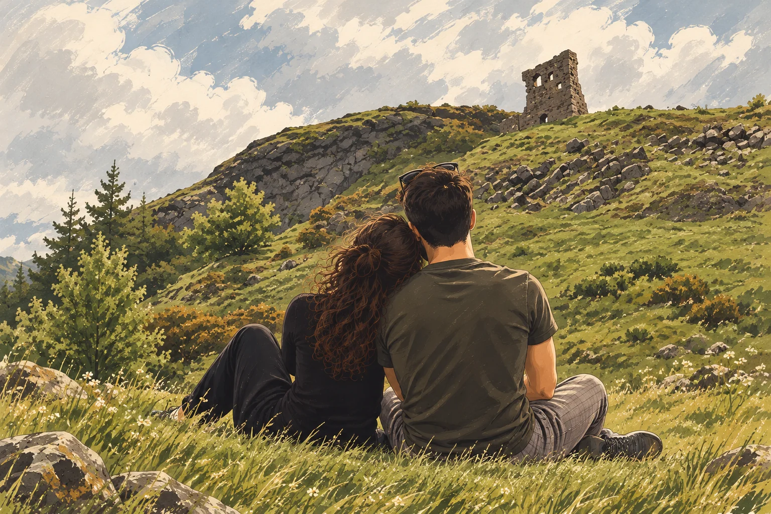 A couple sitting together on a hillside, looking toward old stone ruins